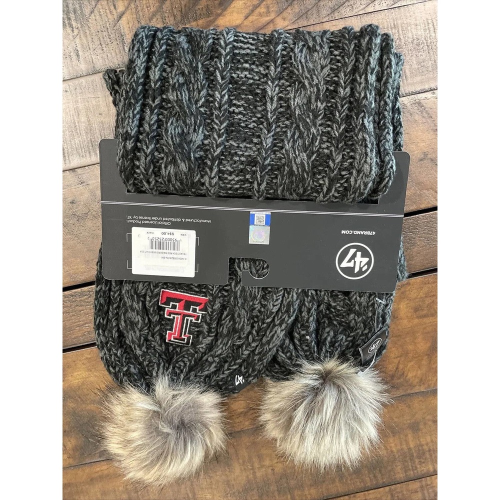 TEXAS TECH ‘47 Brand Women’s Marled Knit Faux Fur Pom Pom Scarf Black & Grey NWT